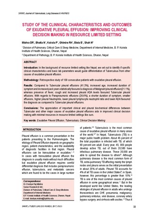 A study of the clinical characteristics and outcomes of exudative pleural effusion: improving clinical decision making in resource limited setting / Mishra, DR in SAARC Journal of Tuberculosis ,Lung