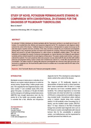 Study of novel potassium permanganate staining in comparison with conventional Zn staining for the diagnosis of pulmonary tuberculosis / Banu, A in SAARC Journal of Tuberculosis, Lung Diseases and HIV