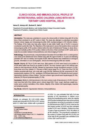 Clinico-social and immunological profile of antiretroviral naive children living with HIV in tertiary care hospital, Delhi / Verma, D in SAARC Journal of Tuberculosis ,Lung Diseases and HIV/AIDS (Vol