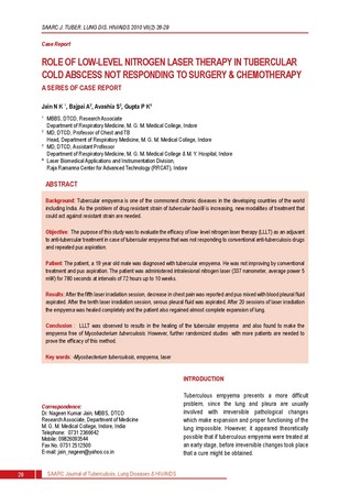 Role of low-level nitrogen laser therapy in tubercular cold abscess not responding to surgery & chemotherapy: a series of case report / Jain, NK in SAARC Journal of Tuberculosis, Lung Diseases and HIV