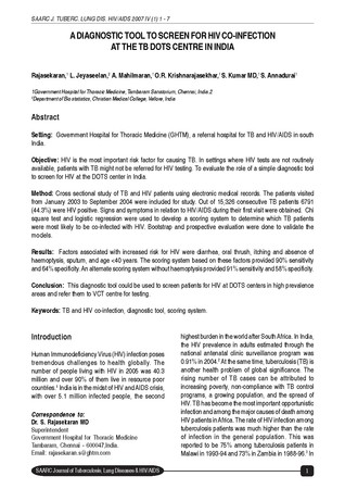 A diagnostic tool to screen for HIV co-infection at the TB DOTS centre in India [printed text] / Rajasekaran, L., Author; Jeyaseelan, A., Author; Mahilmaran, A., Author; Krishnarajasekhar, O. R., Auth