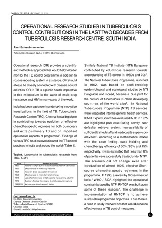 Operational research studies in tuberculosis control contributions in the last two decades from tuberculosis research centre, South India [printed text] / Balasubramanian, Rani, Author  in SAARC Jour