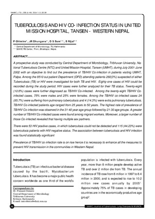 Tuberculosis and HIV co-infection status in United Mission Hospital, Tansen - Western Nepal [printed text] / Ghimire, P., Author; Dhungana, J. R,, Author; Bam, D. S., Author; Rijal, B., Author  in SA