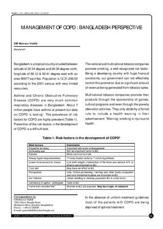Management of COPD : Bangladesh perspective [printed text] / Habib, GM Monsur, Author  in SAARC Journal of Tuberculosis, Lung Diseases and HIV/AIDS Vol. I, No. 1 (January-December 2004). - 53-57 p.