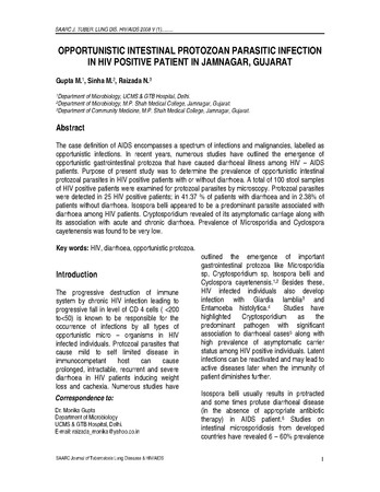 Opportunistic intestinal protozoan parasitic infection in HIV positive patient in Jamnagar, Gujarat. [printed text] / Gupta, M., Author; Sinha, N., Author; Raizada, N., Author  in SAARC Journal of Tu