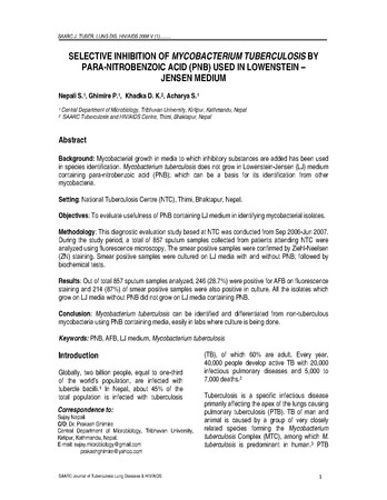 Selective inhibition of mycobacterium tuberculosis by para-nitrobenzoic acid (PNB) used in Lowenstein - Jensen medium [printed text] / Nepali, S., Author; Ghimire, P., Author; Khadka, D. K., Author;