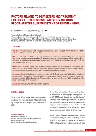 Factors related to defaulters and treatment failure of tuberculosis patients in the DOTS program in the Sunsari district of eastern Nepal [printed text] / Lamsal, D. K., Author; Lewis, O. D., Author;