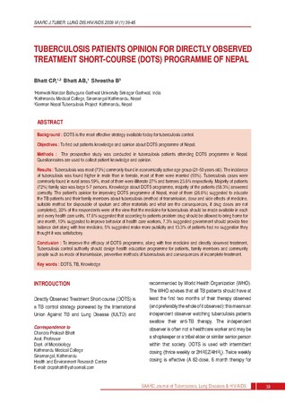 Tuberculosis patients opinion for directly observed treatment short-course (DOTS) programme of Nepal [printed text] / Bhatt, Chandra Prakash, Author; Bhatt, A. B., Author; Shrestha, B, Author  in SAA