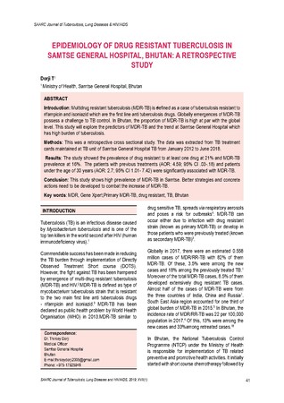 Epidemiology of drug resistant tuberculosis in samtse general Hospital, Bhutan: a retrospective study [printed text] / Dorji, T., Author in SAARC Journal of Tuberculosis, Lung Diseases and HIV/AIDS V