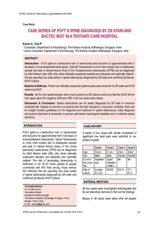 Case series of Pott’s spine diagnosed by ZN stain and Bactec Mgit in a tertiary care hospital [printed text] / Kumar, A., Author; Das, P., Author in SAARC Journal of Tuberculosis, Lung Diseases and