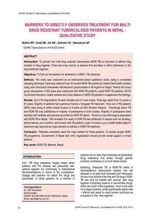 Barriers to directly observed treatment for MDR-TB patients in Nepal qualitative study [printed text] / Bichha, R.P., Author; Karki, Kailash B., Author; Jha, KK, Author; Salhotra, VS, Author; Weerako