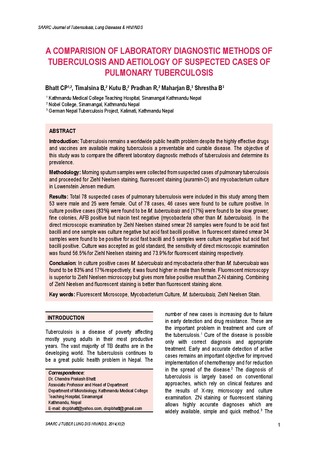 A comparision of laboratory diagnostic methods of tuberculosis and aetiology of suspected cases of pulmonary tuberculosis / Bhatta, CP in SAARC Journal of Tuberculosis ,Lung Diseases and HIV/AIDS (Vol