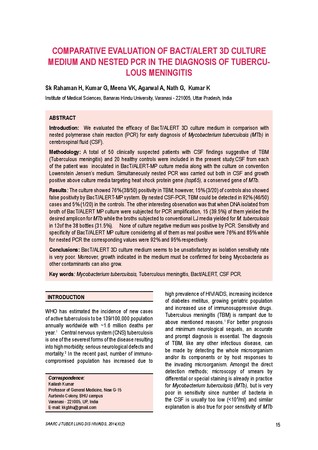 Comparative evaluation of bact/alert 3D culture medium and nested PCR in the diagnosis of tuberculosis meningitis / SK, Rahaman H in SAARC Journal of Tuberculosis ,Lung Diseases and HIV/AIDS (Vol.xi;