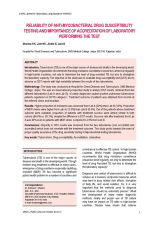 Reliability of anti-mycobacterial drug susceptibility testing and importance of accreditation of laboratory performing the test / Sharma, KK in SAARC Journal of Tuberculosis ,Lung Diseases and HIV/AID