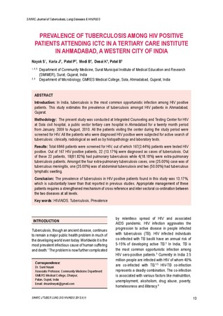 Prevalence of tuberculosis among HIV positive patients attending ICTC in a tertiary care institute in Ahmadbad, a western city of India / Nayak, S in SAARC Journal of Tuberculosis ,Lung Diseases and H