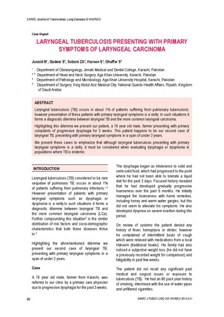 Laryngeal tuberculosis presenting with primary symptoms of laryngeal carcinoma / Junaid, M in SAARC Journal of Tuberculosis ,Lung Diseases and HIV/AIDS (Vol. x No. 1 January- June 2013)