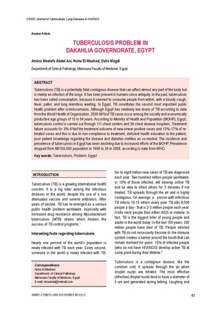 Tuberculosis problem in Dakahlia governorate, Egypt / Amina Mostafa, Abdel Aal in SAARC Journal of Tuberculosis ,Lung Diseases and HIV/AIDS (Vol. x No. 1 January- June 2013)